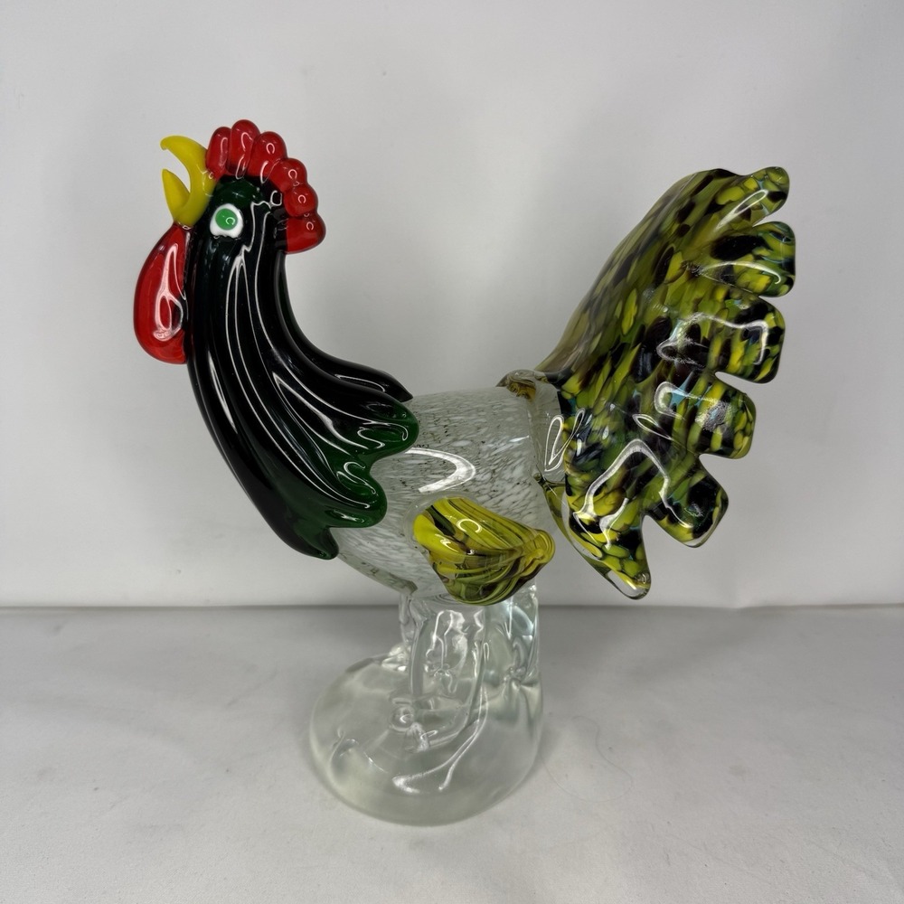 Vintage Murano Style Glass Rooster Bird Decor Colorful Clear Green‎ Yellow